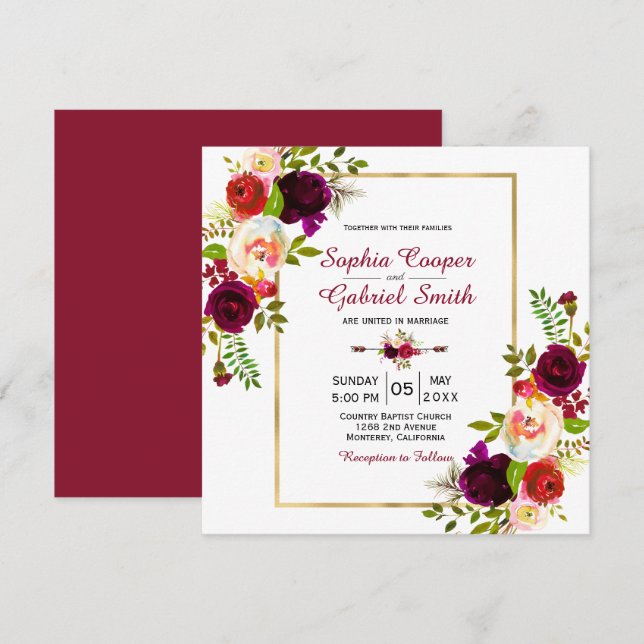 Modern Chich Burgundy Floral Gold Frame Wedding Invitation (Front/Back)