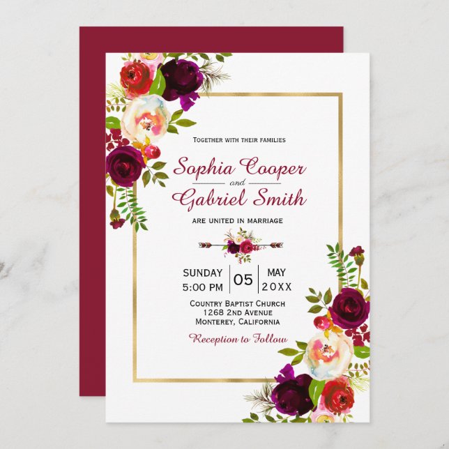 Modern Chich Burgundy Floral Gold Frame Wedding Invitation (Front/Back)