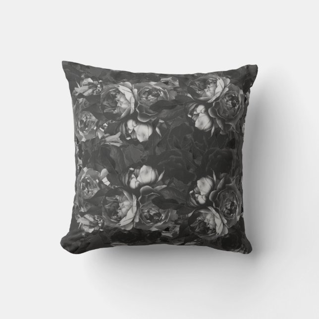 Modern Chick Black Rose Floral Botanical Throw Pillow (Front)