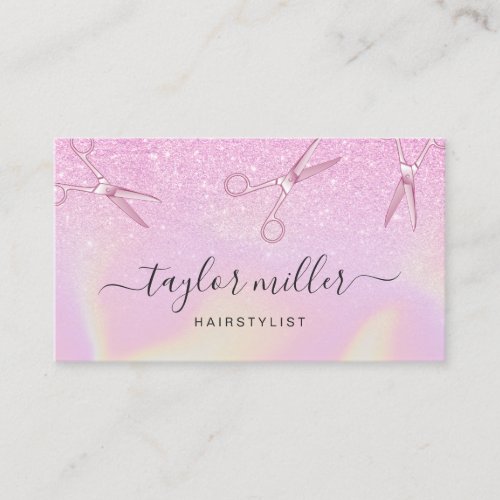 Modern chick ombre purple holographic hairstylist business card