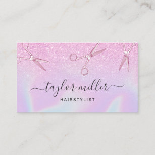 Modern chick ombre purple holographic hairstylist business card