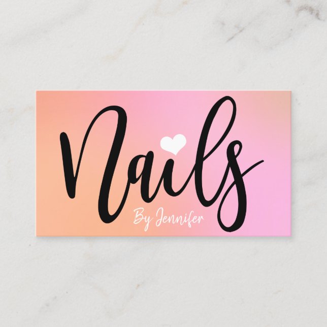 Modern chick peach pink gradient nails business card (Front)
