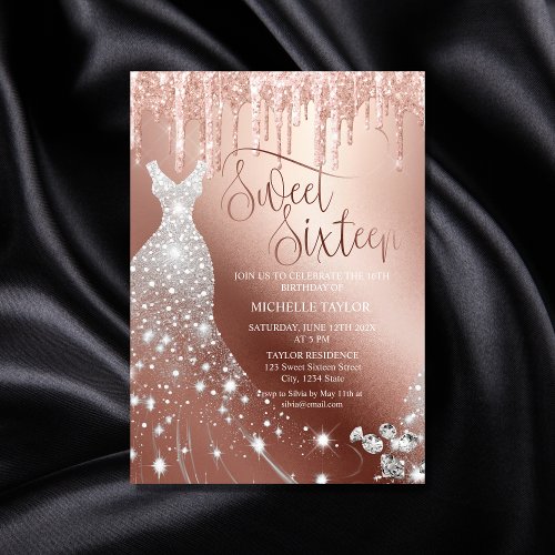 Modern Chick Rose Gold Glitter Sweet Sixteen Invitation