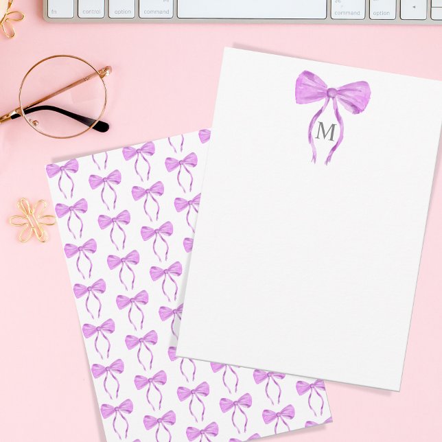 Modern Chick Watercolor Bow Monogram Note Card (purple watercolor bow)