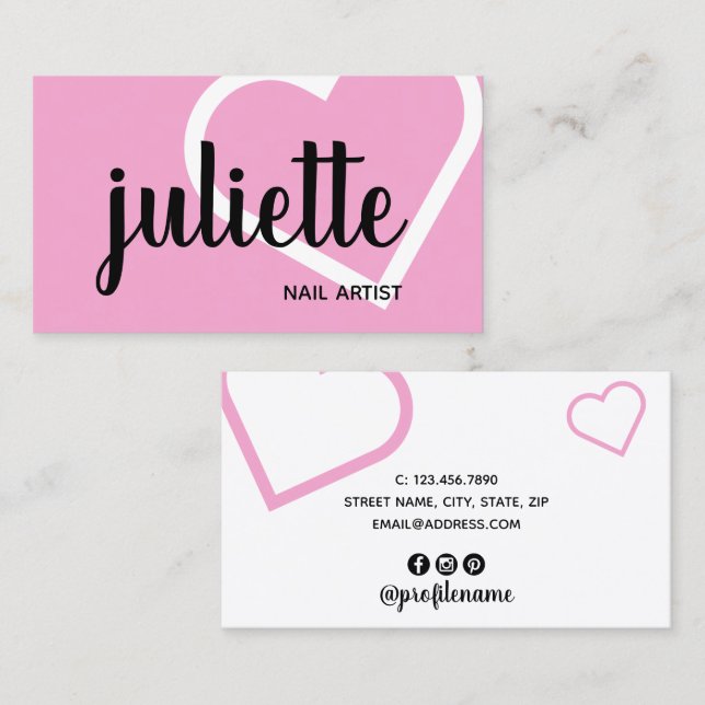 Modern chick white black & pink nail artist business card (Front/Back)