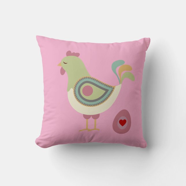 Modern Chicken & Egg Art Throw Pillow – Pink (Front)