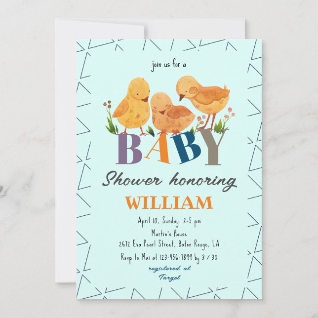 Modern Chicken Family Colorful Letters Baby Shower Invitation (Front)