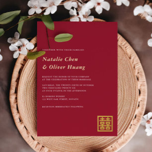 Modern Chinese Double Happiness Wedding Red + Gold Foil Invitation