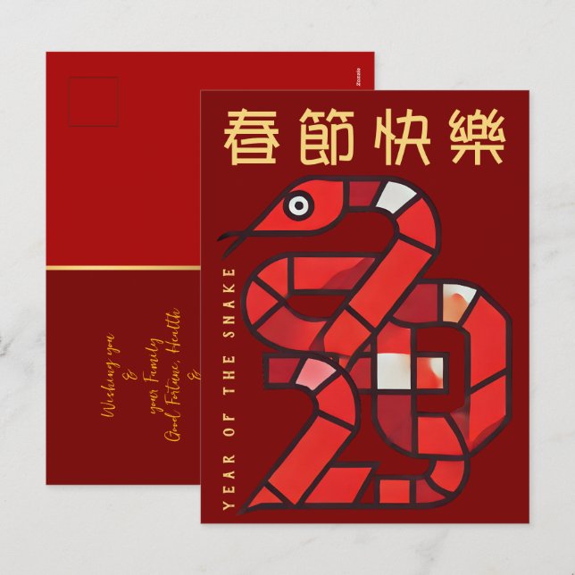 Modern Chinese New Year of the Snake 2025 VPostC Holiday Postcard (Front/Back)