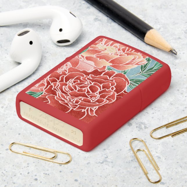 Modern Chinese Peony Flower Zippo Lighter (On Table 2)