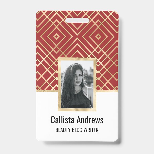 Modern Chinese Red Art Deco Geometric Pattern Badge (Front)