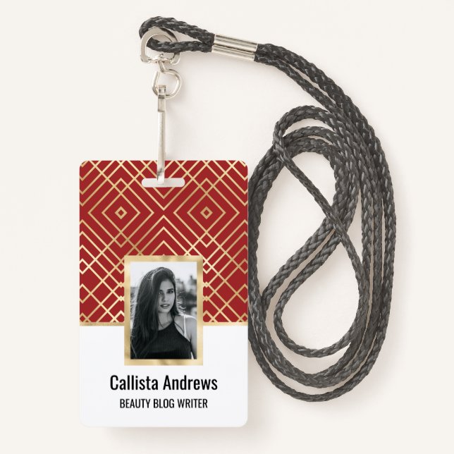 Modern Chinese Red Art Deco Geometric Pattern Badge (Front with Lanyard)