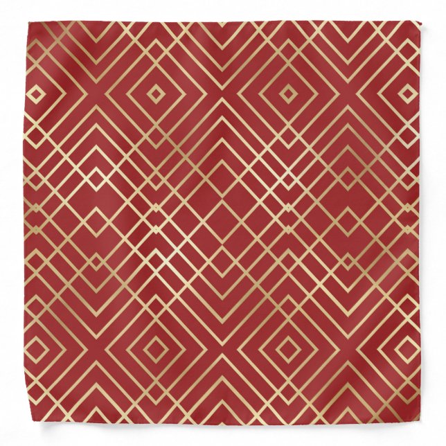 Modern Chinese Red Art Deco Geometric Pattern Bandana (Front)
