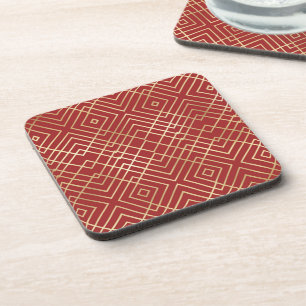 Modern Chinese Red Art Deco Geometric Pattern Beverage Coaster