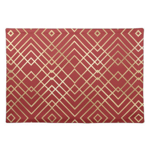 Modern Chinese Red Art Deco Geometric Pattern Cloth Placemat