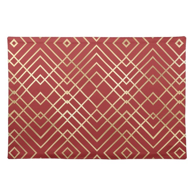 Modern Chinese Red Art Deco Geometric Pattern Cloth Placemat (Front)