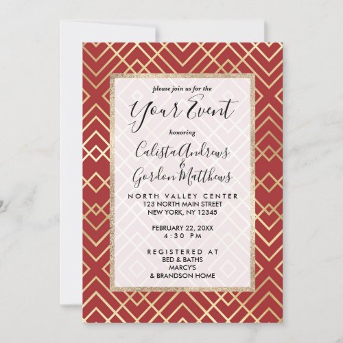 Modern Chinese Red Art Deco Geometric Pattern Invitation