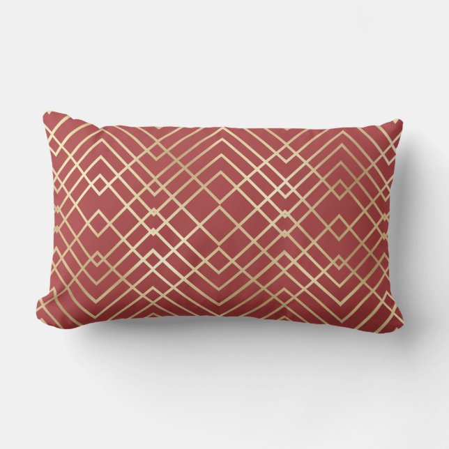 Modern Chinese Red Art Deco Geometric Pattern Lumbar Pillow (Front)