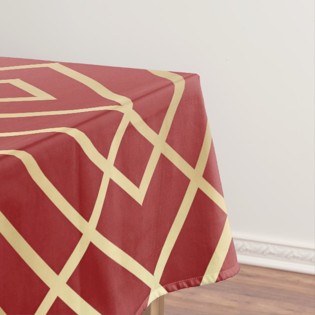 Modern Chinese Red Art Deco Geometric Pattern Tablecloth (In Situ)