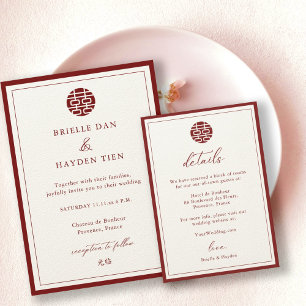 Modern Chinese Wedding Champagne Red Details Invitation