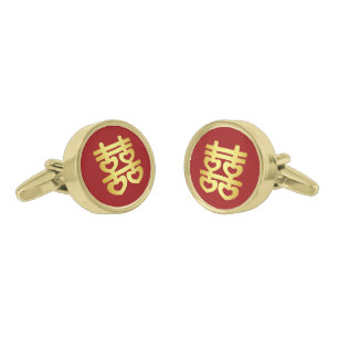 Modern Chinese wedding double happiness heart gold Cufflinks