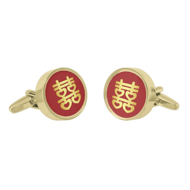 Modern Chinese wedding double happiness heart gold Cufflinks (Angled)