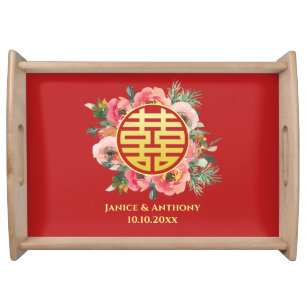 Modern Chinese wedding floral wreath red Serving Tray