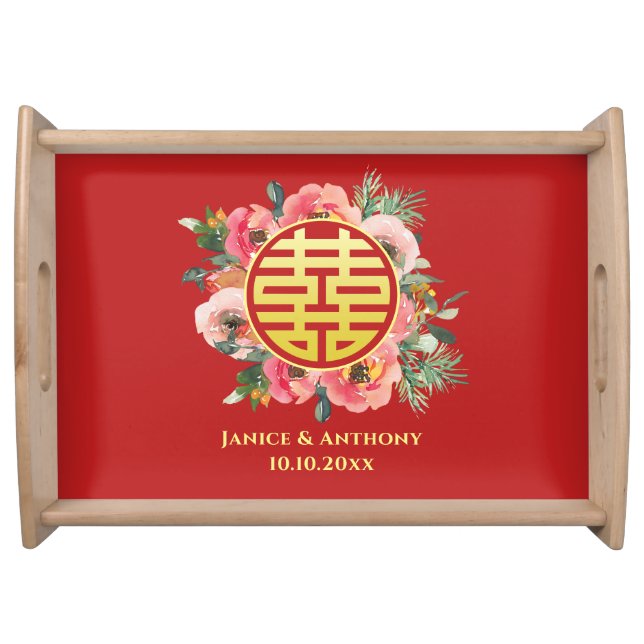 Modern Chinese wedding floral wreath red Serving Tray (Front)