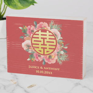 Modern Chinese wedding floral wreath red Wooden Box Sign