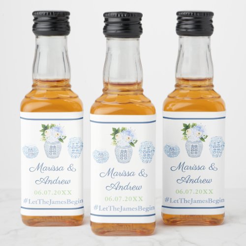 Modern Chinoiserie Blue White And Green Wedding Liquor Bottle Label