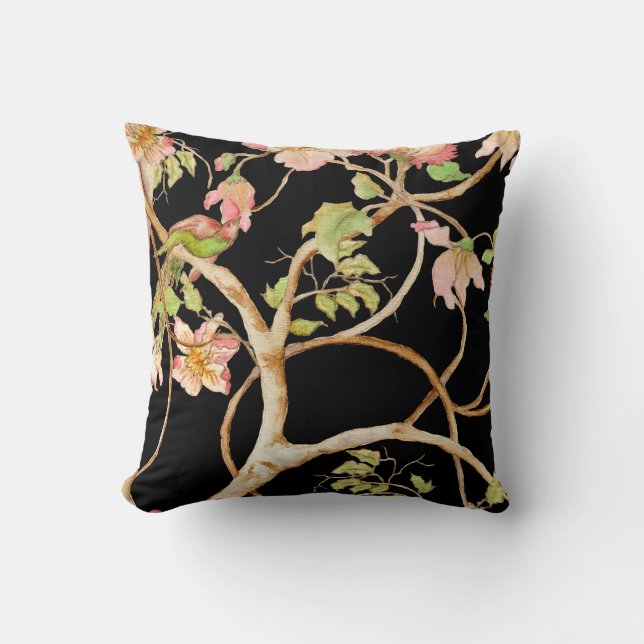 Modern Chinoiserie Floral Blush Black Bird Tree Throw Pillow (Front)