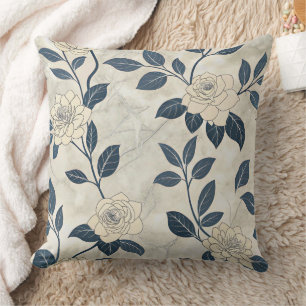 Modern Chinoiserie Ivory Rose Navy Botanical Throw Pillow