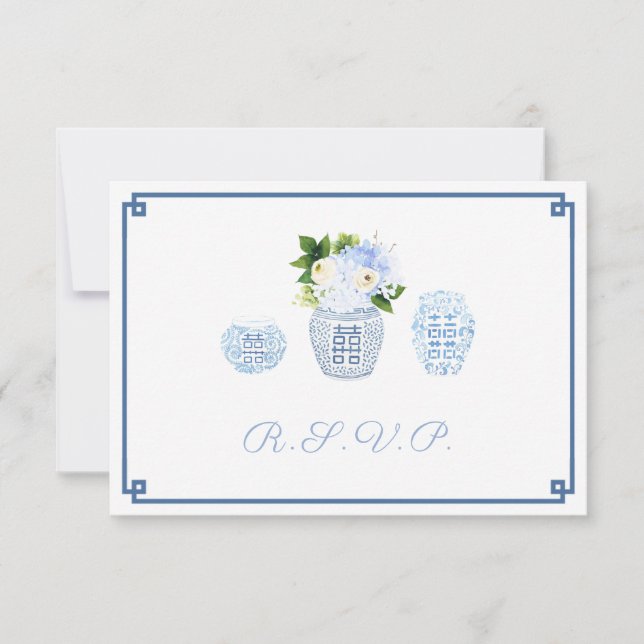 Modern Chinoiserie Navy & Chartreuse Food Options RSVP Card (Front)