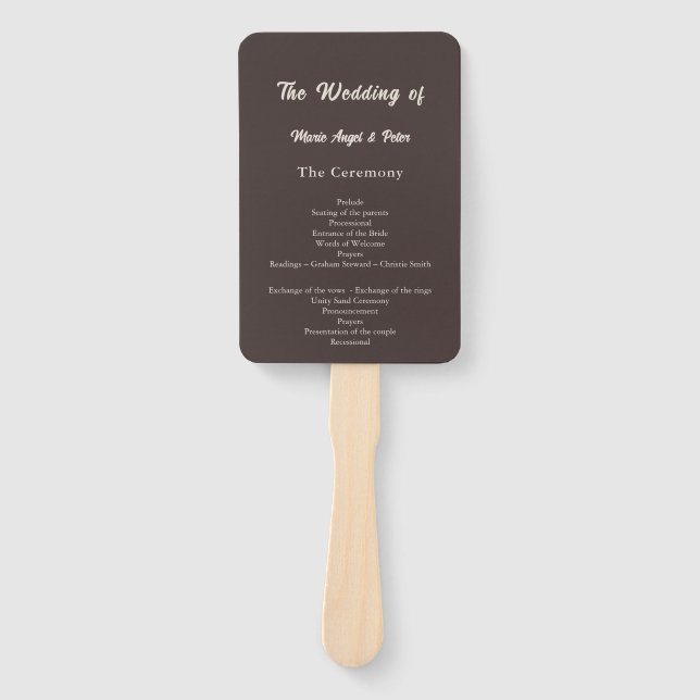 Modern Chocolate Brown Ceremony Wedding Program Hand Fan (Front)