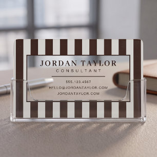 Modern Chocolate Brown Striped Monogram Clear Business Cards