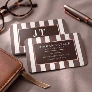 Modern Chocolate Brown Striped Monogram Foil Business Cards