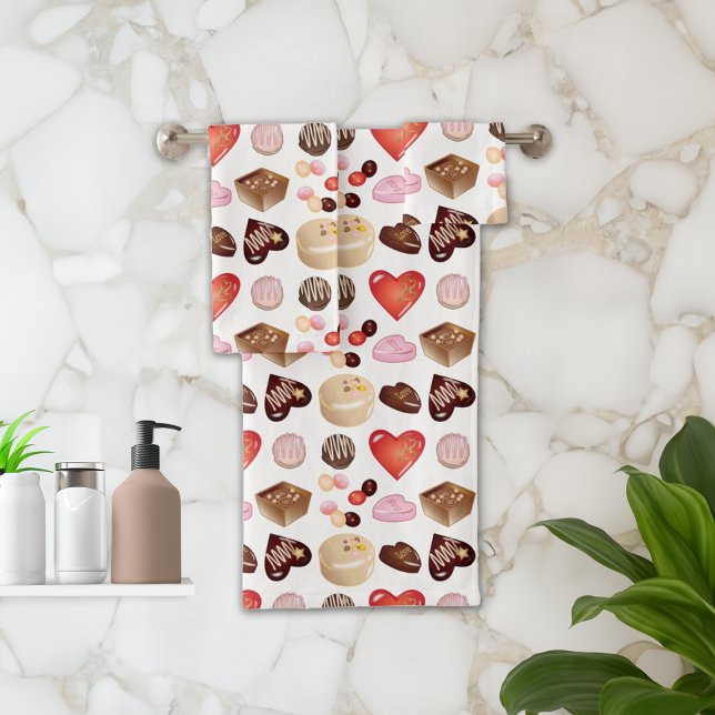 Modern Chocolate Candy Heart Pattern Bath Towel Set (Creator Uploaded)