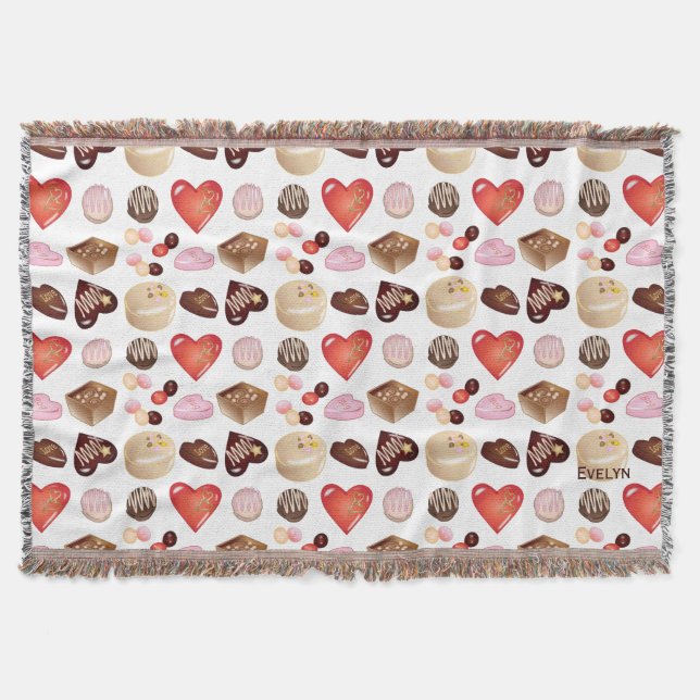Modern Chocolate Candy Heart Pattern Throw Blanket (Front)