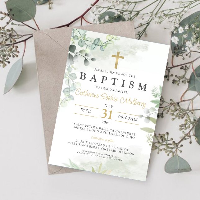 Modern Christening Eucalyptus Greenery Baptism  Invitation (Creator Uploaded)