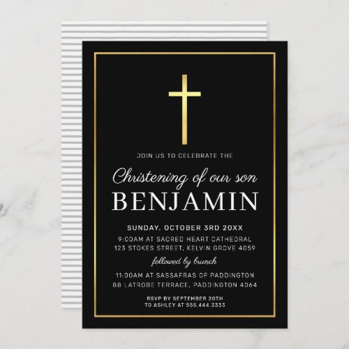 MODERN CHRISTENING gold cross simple black white Invitation