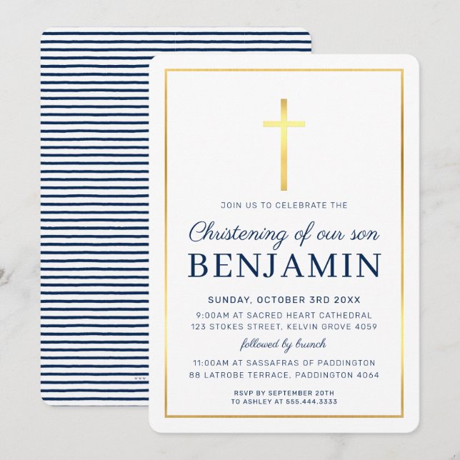 MODERN CHRISTENING gold cross simple navy white In Invitation (Front/Back)