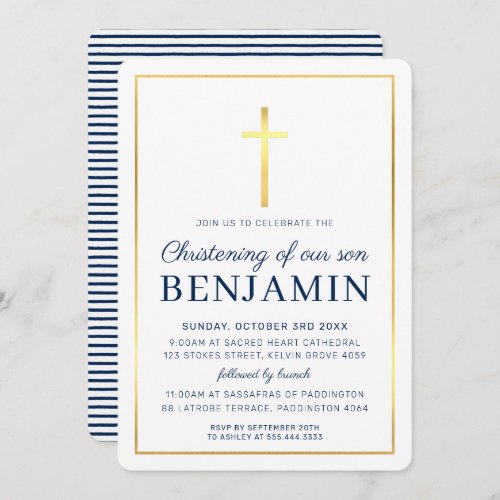 MODERN CHRISTENING gold cross simple navy white In Invitation