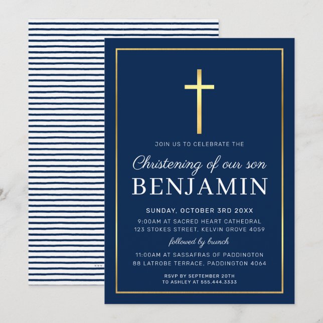 MODERN CHRISTENING gold cross simple navy white In Invitation (Front/Back)