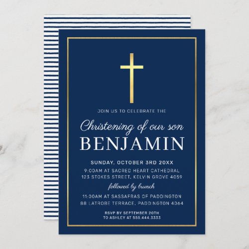 MODERN CHRISTENING gold cross simple navy white In Invitation