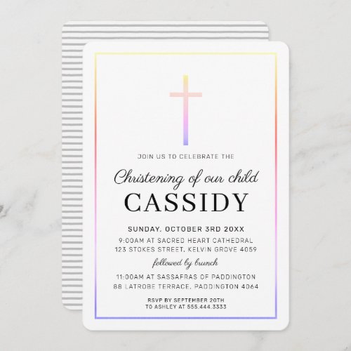 MODERN CHRISTENING gold cross simple rainbow Invitation