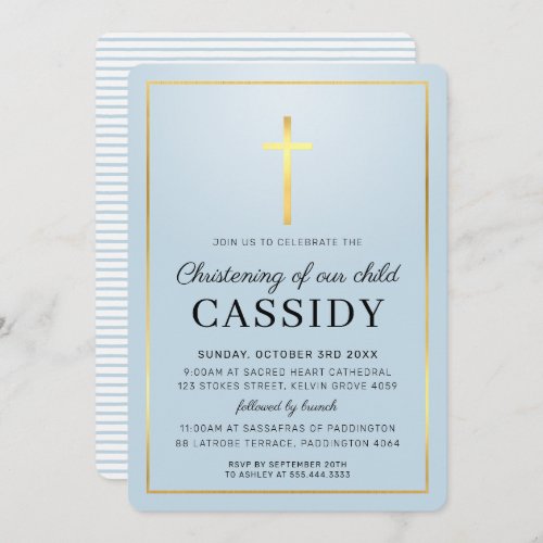 MODERN CHRISTENING gold foil cross baby blue Invitation