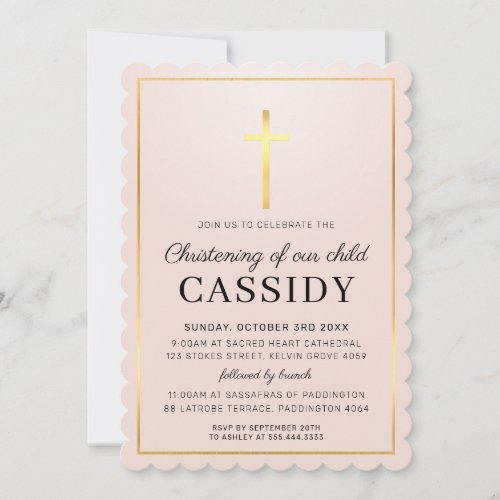 MODERN CHRISTENING gold foil cross baby pink Invitation