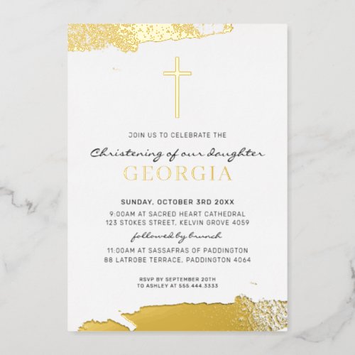 MODERN CHRISTENING gold foil cross classic Foil Invitation