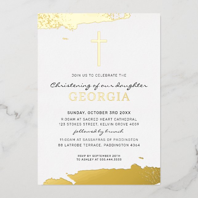 MODERN CHRISTENING gold foil cross classic Invitation (Front)