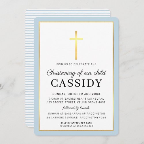 MODERN CHRISTENING gold foil cross cute baby blue Invitation